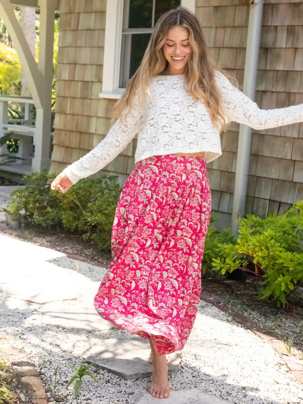 Lisa Maxi Skirt - Fuchsia Light Pink Floral