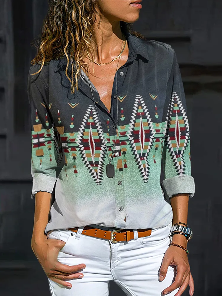 Gradient Western Denim Pattern Women'S Shirt