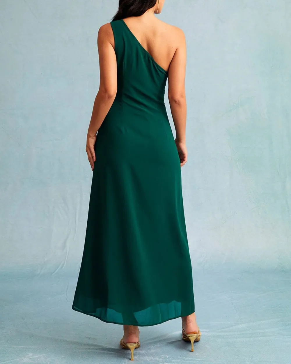 Dark green slash neckline dress