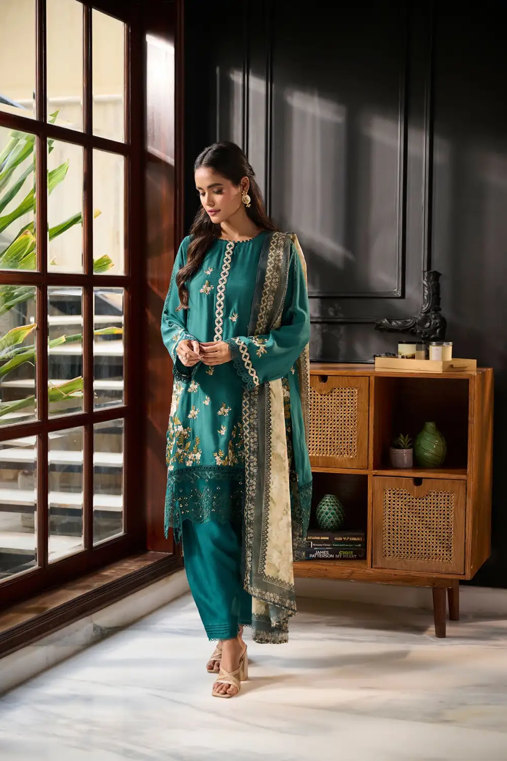 DARK GREEN 3PCS  EMBROIDERED KURTA WITH TROUSER