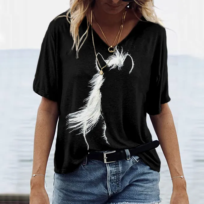 Western Horse Printed V Neck Comfy T Shirt