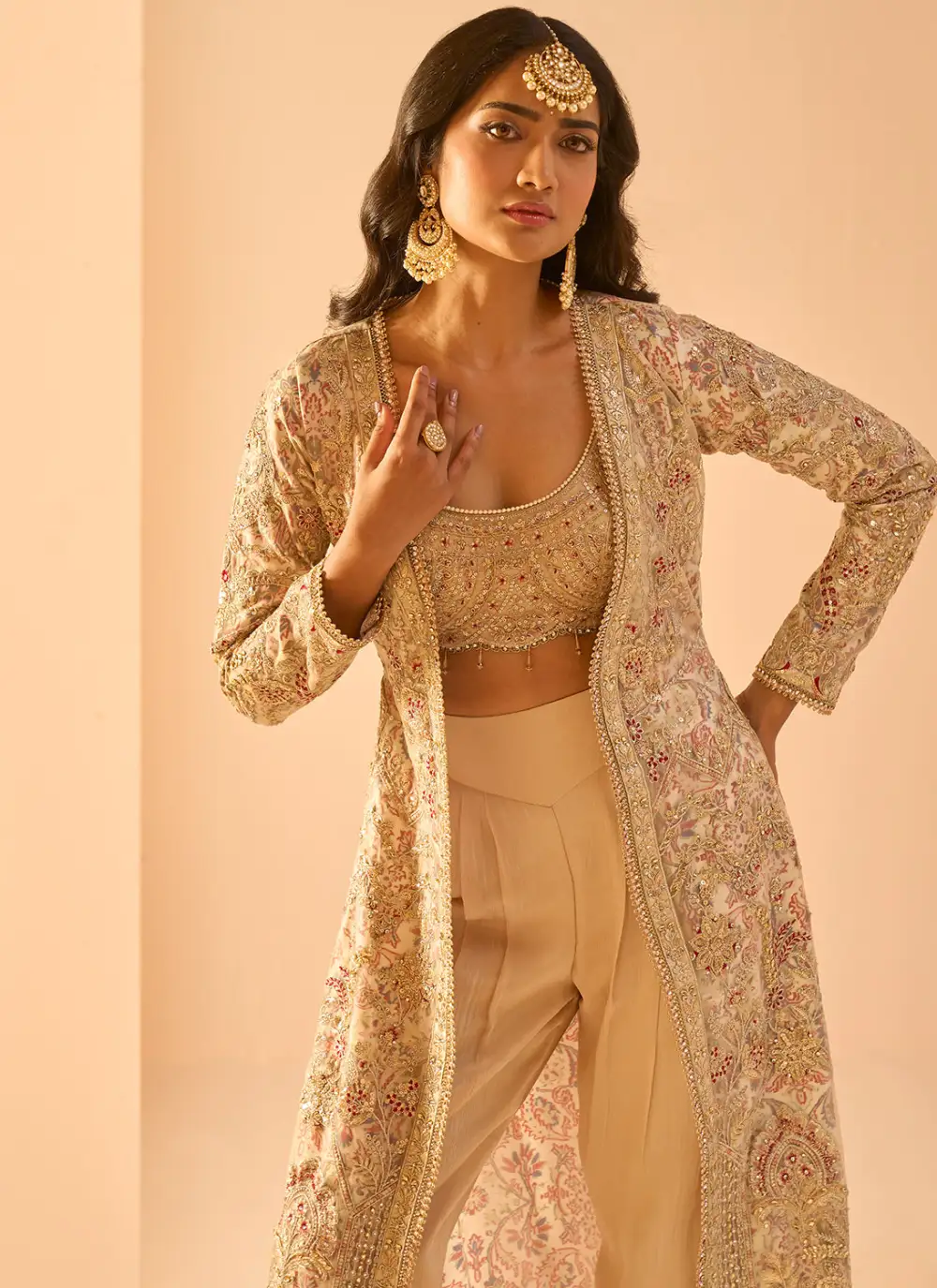 Golden Beige Embroidered Crop Jacket Set