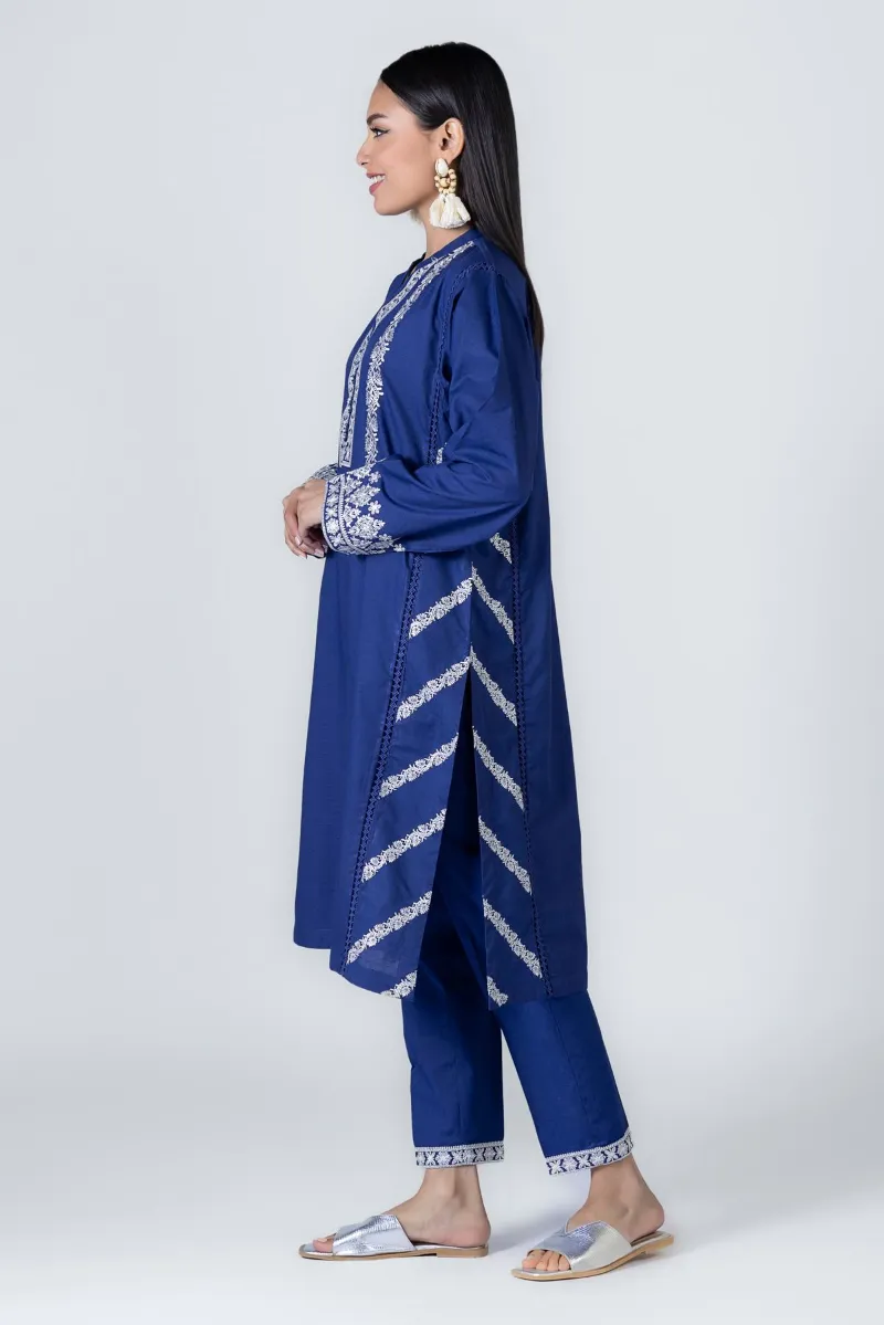 2 Piece Kurta | Embroidered & Pants Dark Blue