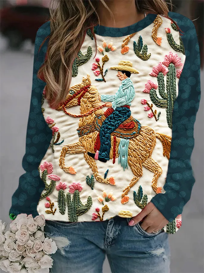 Western Cowboy & Botanical Floral Embroidery Casual Sweatshirt