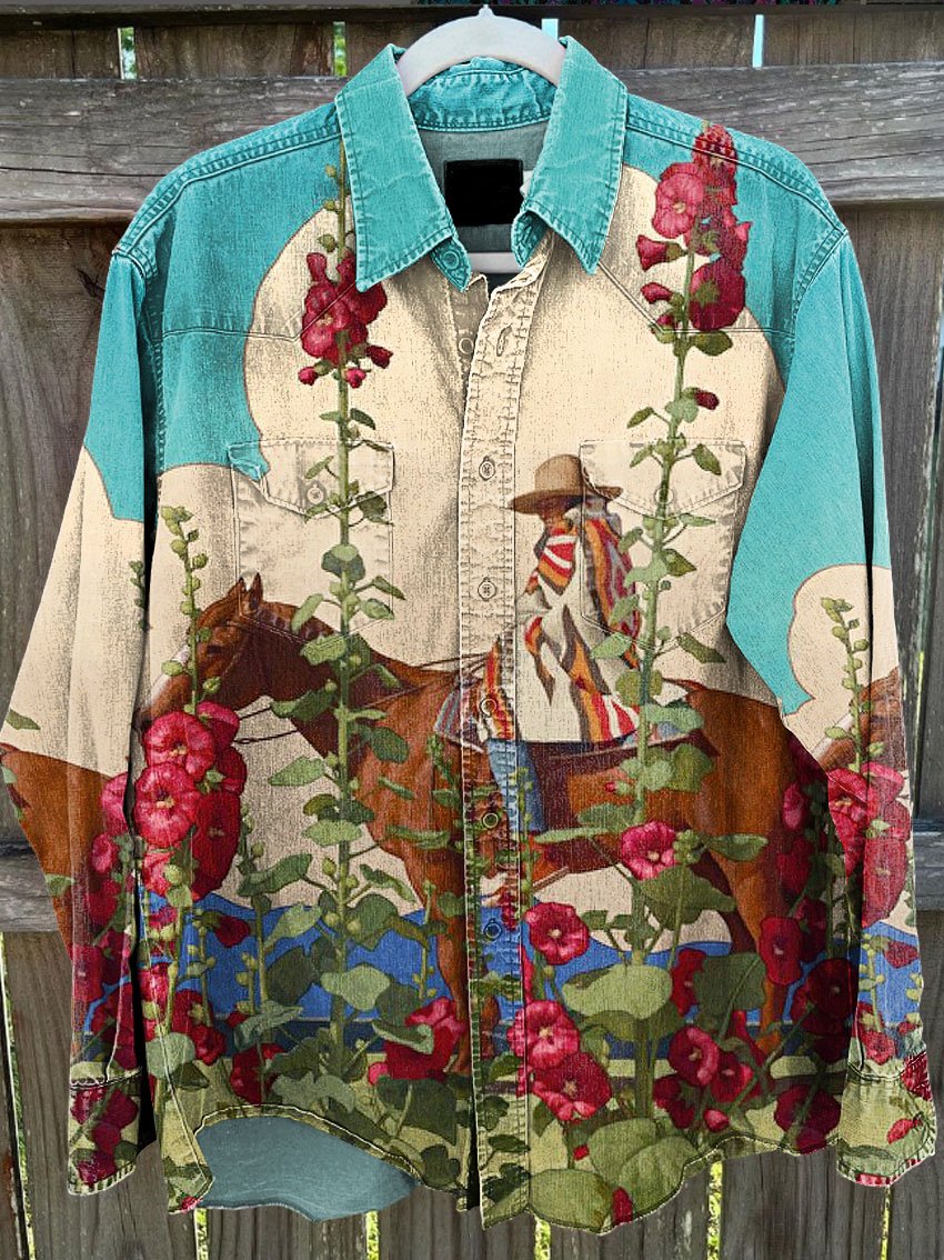 Vintage Wild West Riding Cowboy Print Casual Shirt Jacket