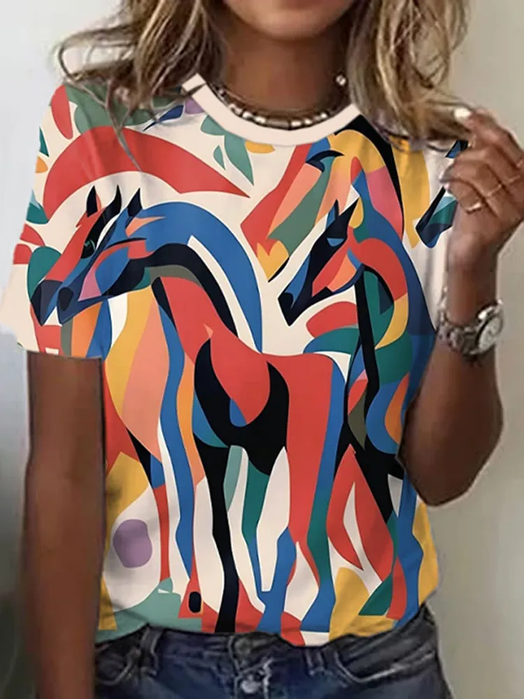 Women'S Multicolor Horse Printed Short Sleeve T-Shirt