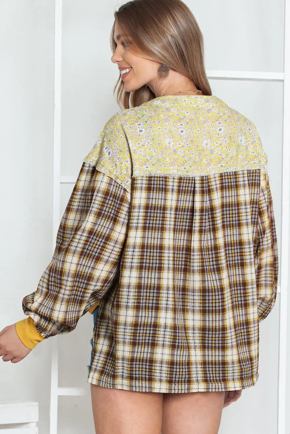 Yellow Floral Plaid Mixed Print Bishop Sleeve Patchwork Top