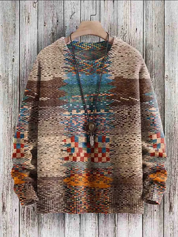 Vintage Print Crew Neck Casual Sweater