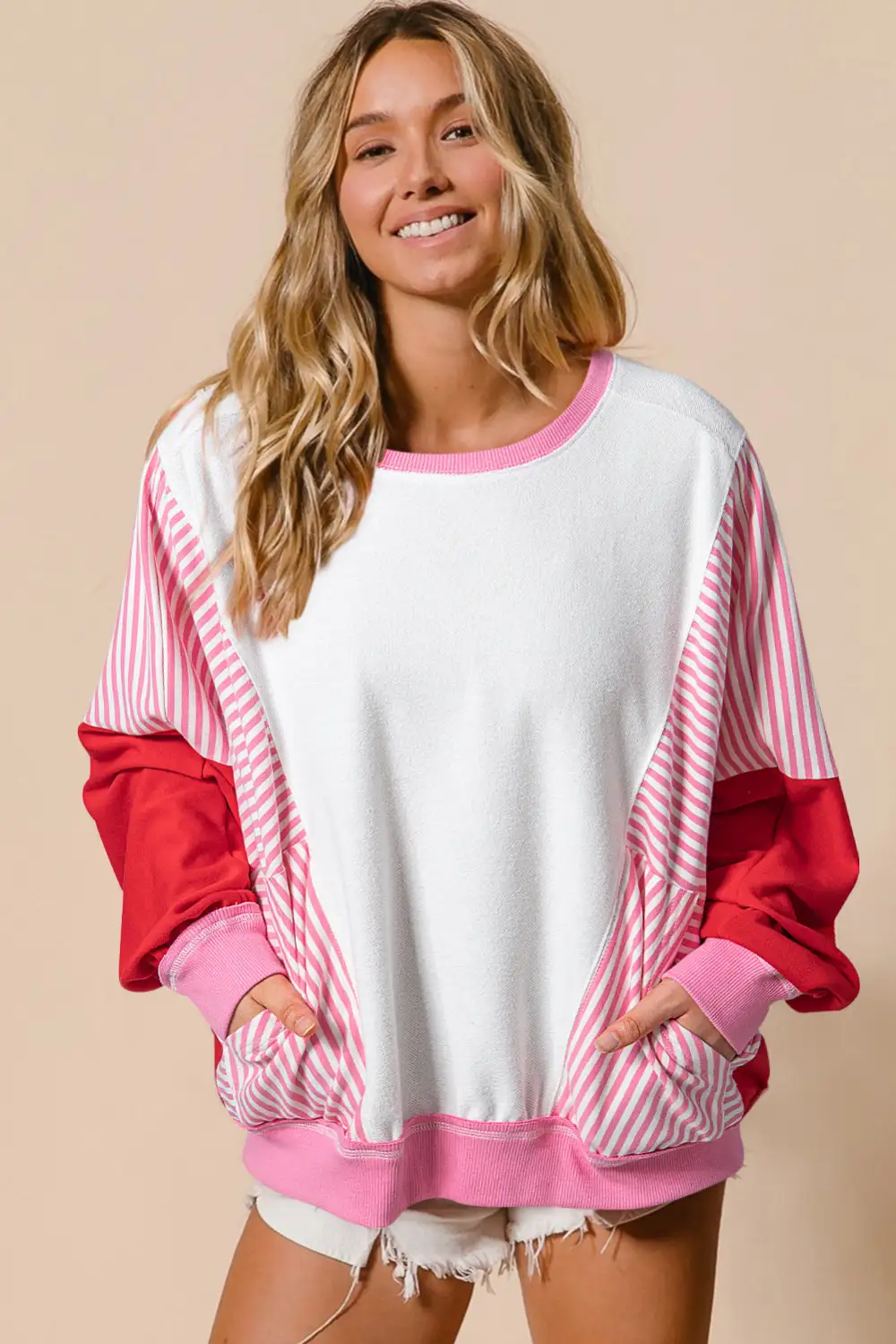 Rose Red Striped Patchwork Side Pocket Loose Sweatshirt