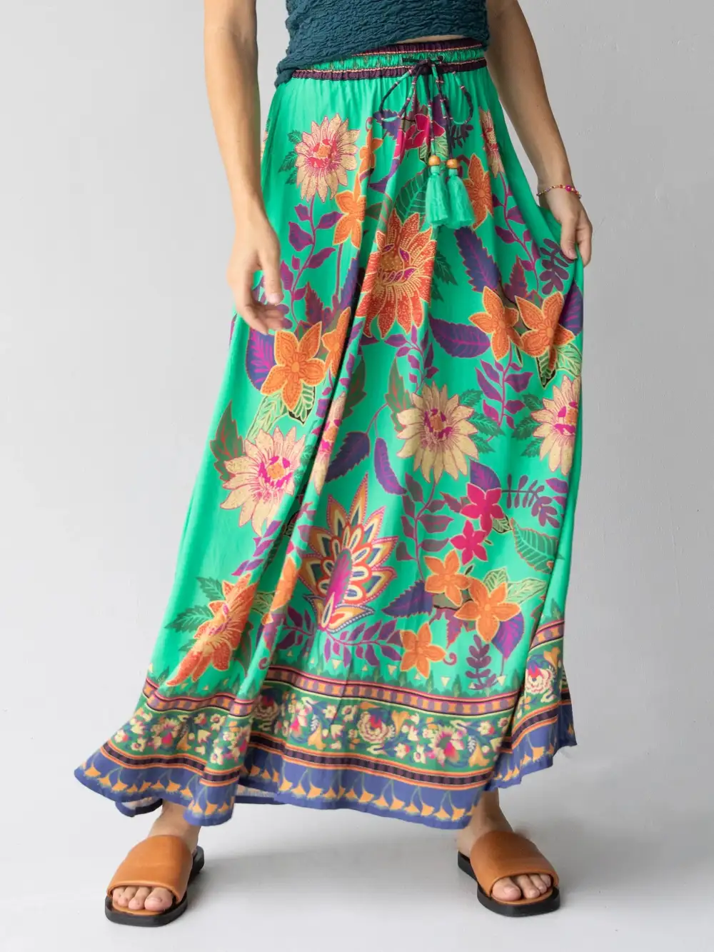 Milena Maxi Skirt - Green Bright Floral Border