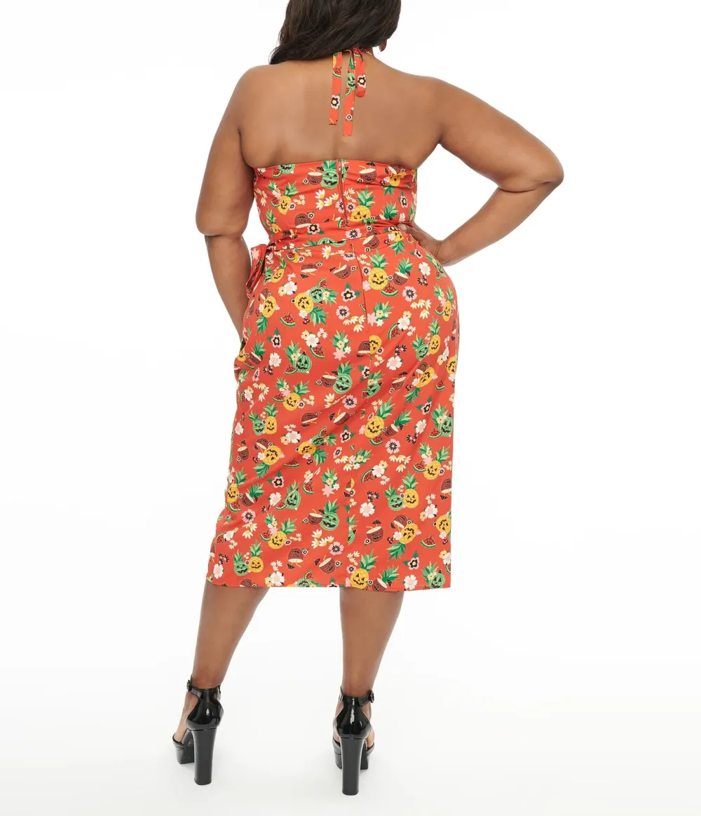 Unique Vintage Plus Size 1950s Rust & June-O-Ween Fruit Print Leilani Sarong Dress