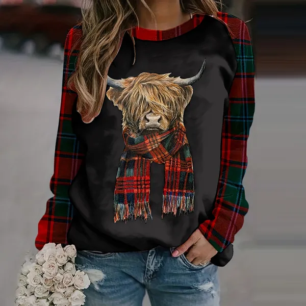 Women's Highland Cow Bull Head Print Casual Sweatshirt