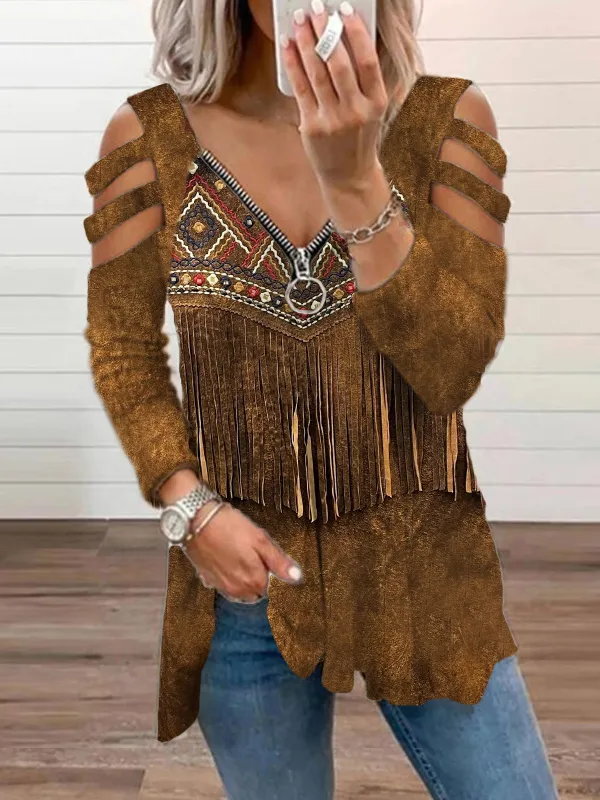 Vintage Western Fringe Hollow Shoulder Comfy T Shirt