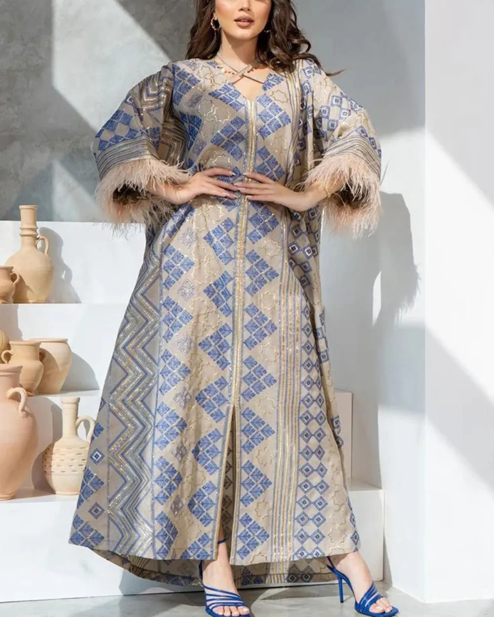 Geometric Pattern Embroidered Feather Kaftan