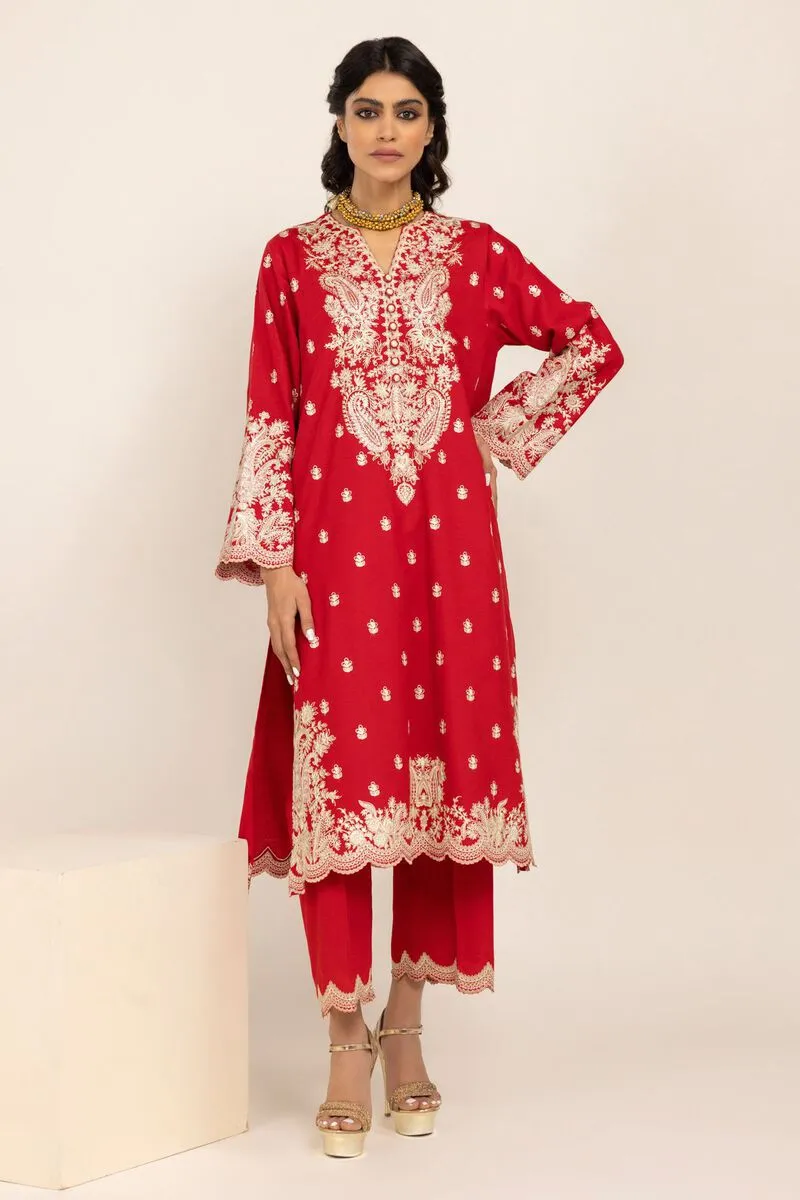 3 Piece Kurta Embroidered | Dupatta& Bottom & Tops | Color Red