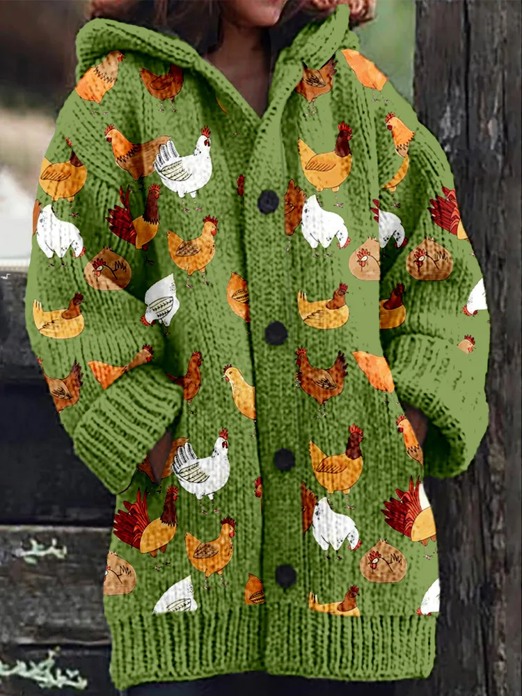 Vintage Chicken Graphic Cozy Knit Hooded Cardigan