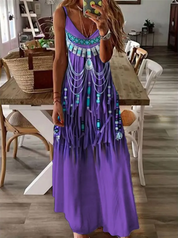 Classy Turquoise Tassels V Neck Maxi Dress