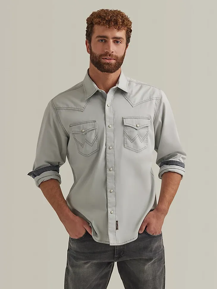 MEN'S WRANGLER RETRO PREMIUM WESTERN SNAP SOLID SHIRT IN SILVER GREY