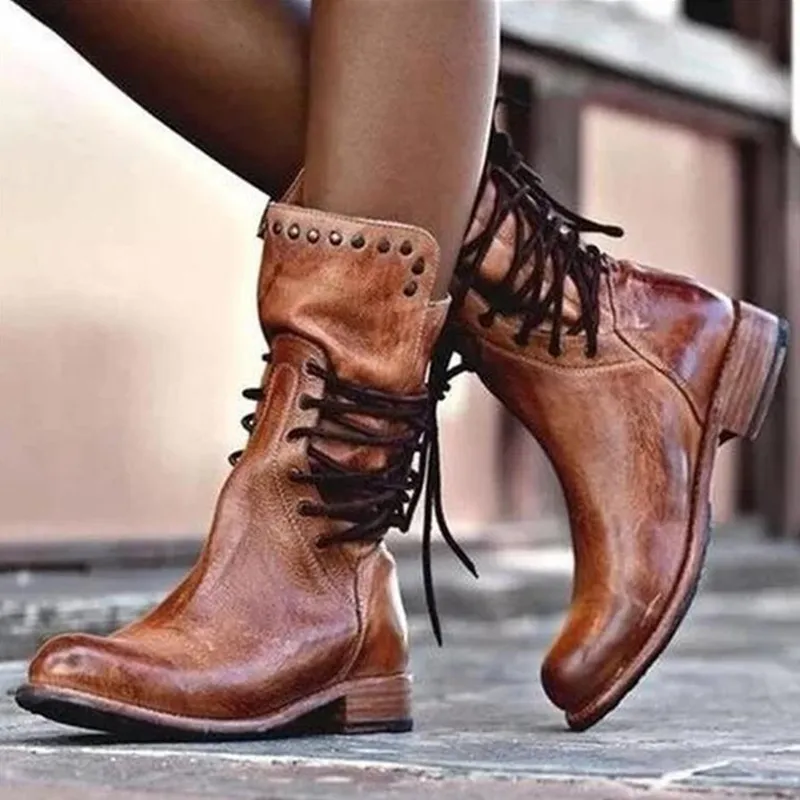 Vintage Washed Studded Laced Boots