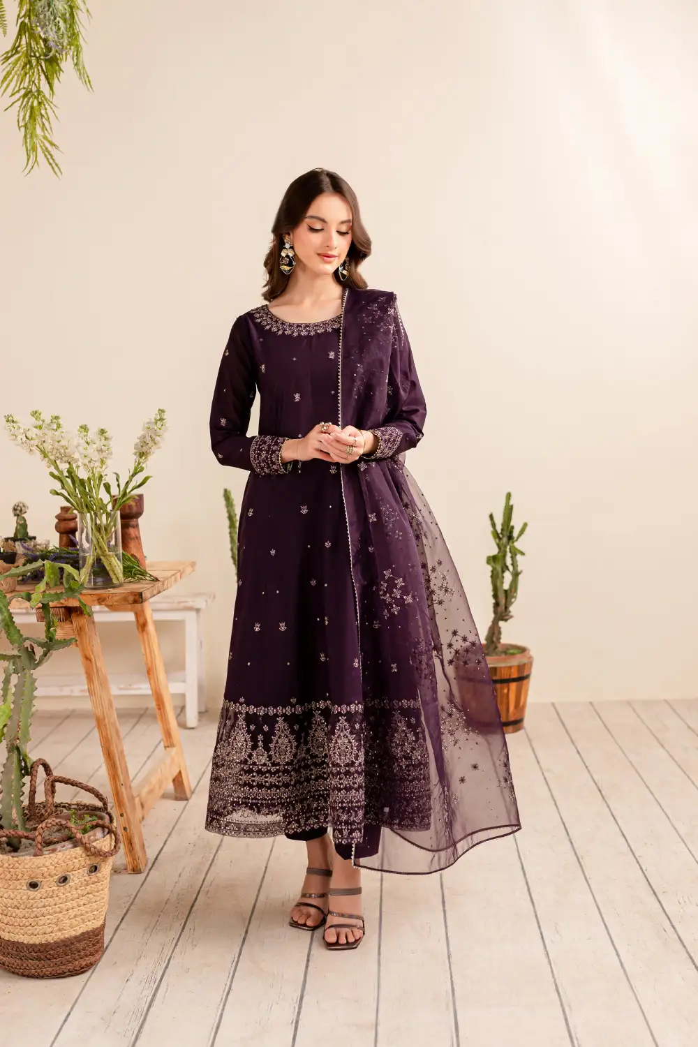 Purple Gold 3Pc - Embroidered Lawn Dress