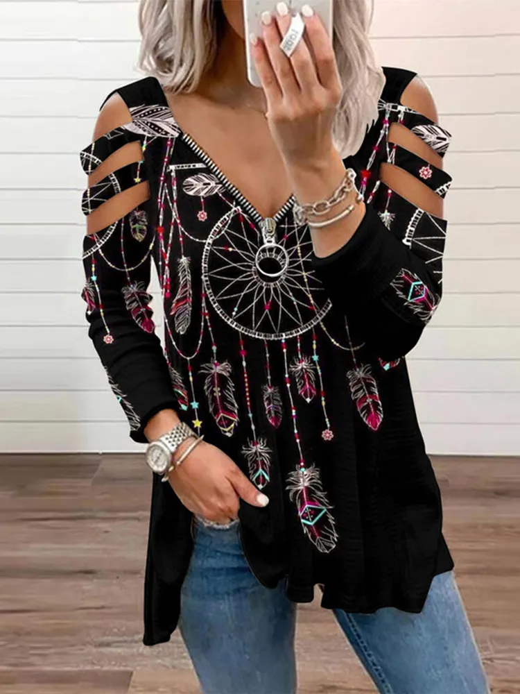 Western Feather Print Off Shoulder Long Sleeve T-Shirt