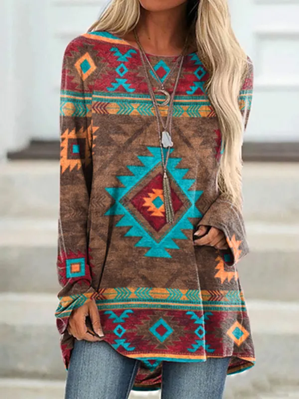 Western Print Casual Crew Neck Long Sleeve Tunic