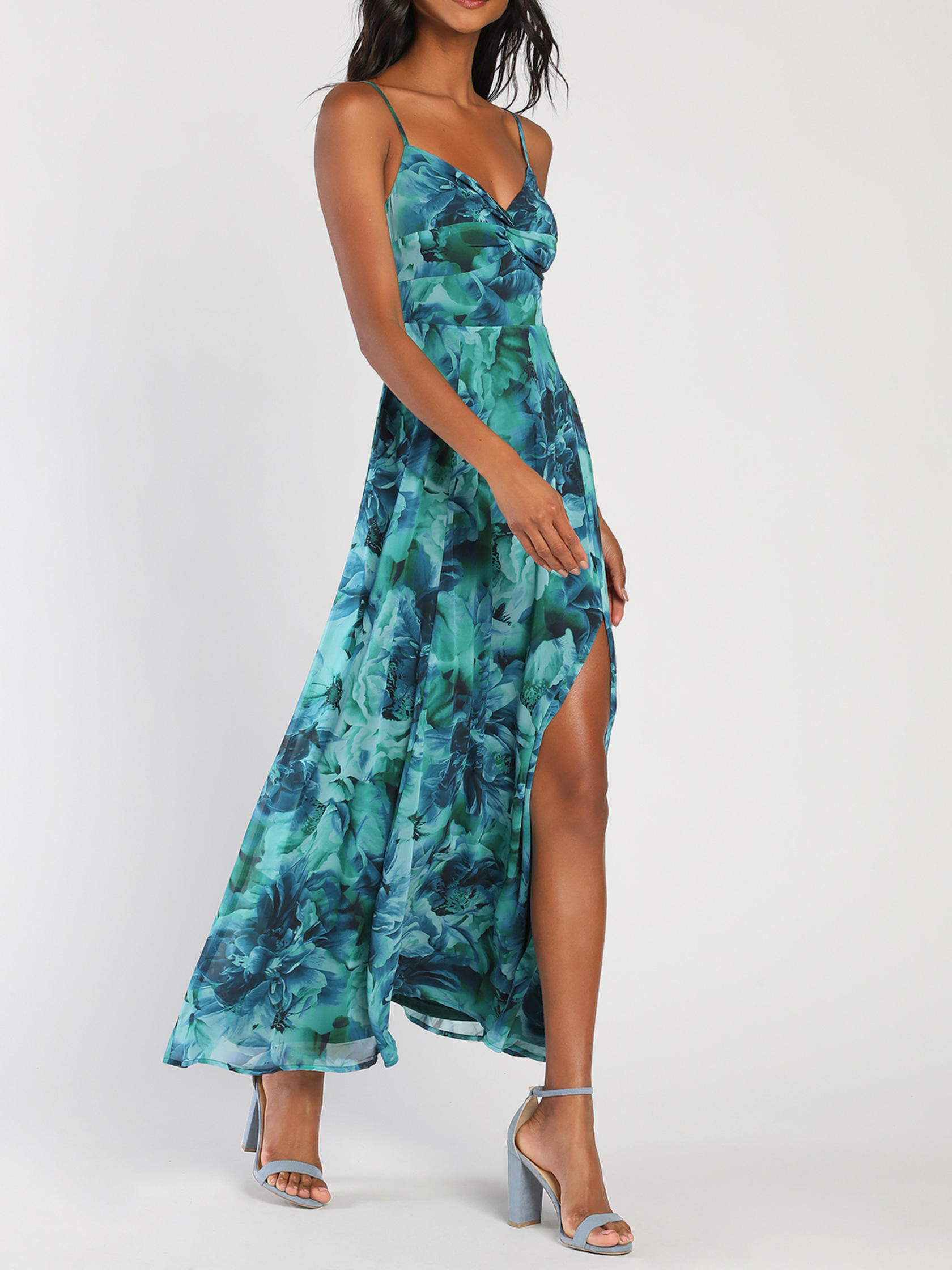 Beautiful Soul Teal Green Floral Print Twist-Front Maxi Dress