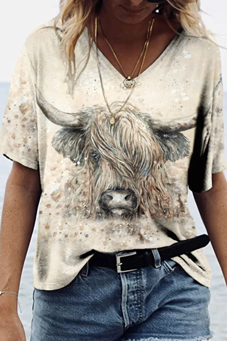 Vintage Western Cow Print V Neck Casual T-Shirt