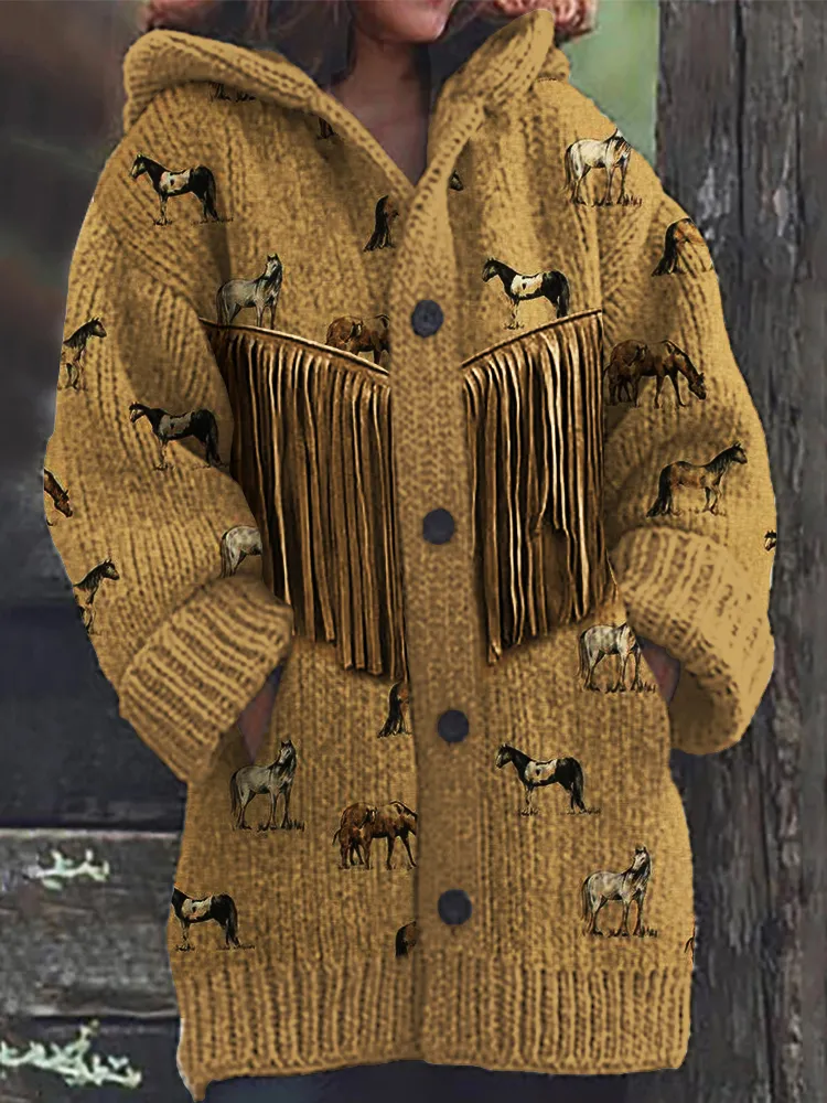 Western Horses Pattern Tassels Cozy Knit Hooded Cardigan