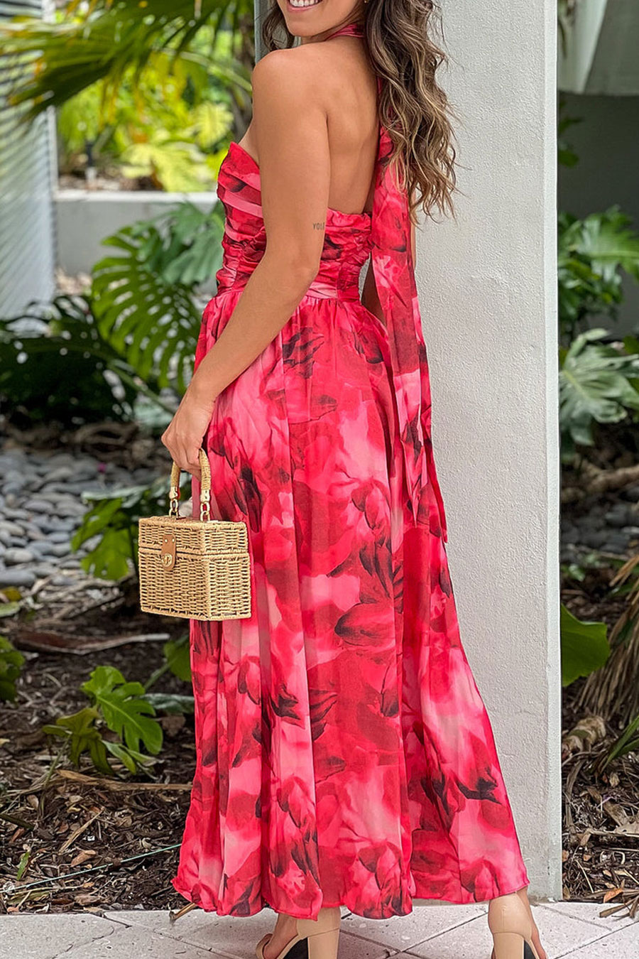 Coral Printed Midi Dress With Cut Out And Slit