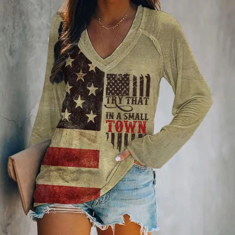 Try That In A Small Town American Flag Print T Shirt