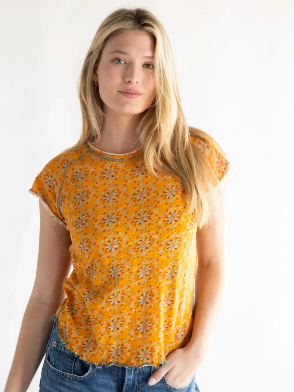 Lily Knit Cotton Tee Shirt - Yellow Medallion