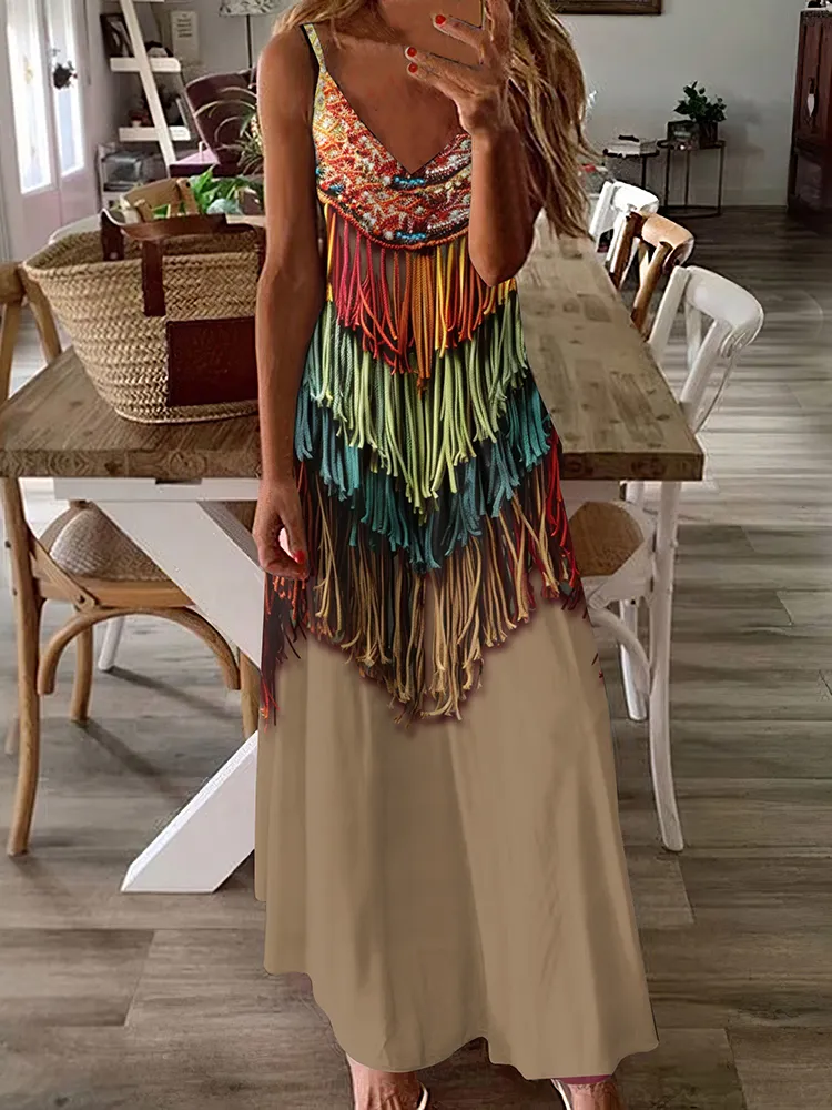 Western Tassel Print Slip Maxi Dress