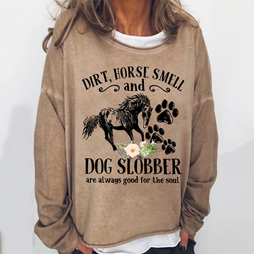 Women'S Cute Horse Floral Crew Neck Loose Sweatshirt