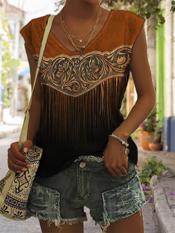 Western Floral Gradient Leather Art V Neck Tank Top