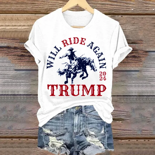 Women's Country Western Trump Cowboy Will Ride Again Maga 2024 Print T-Shirt