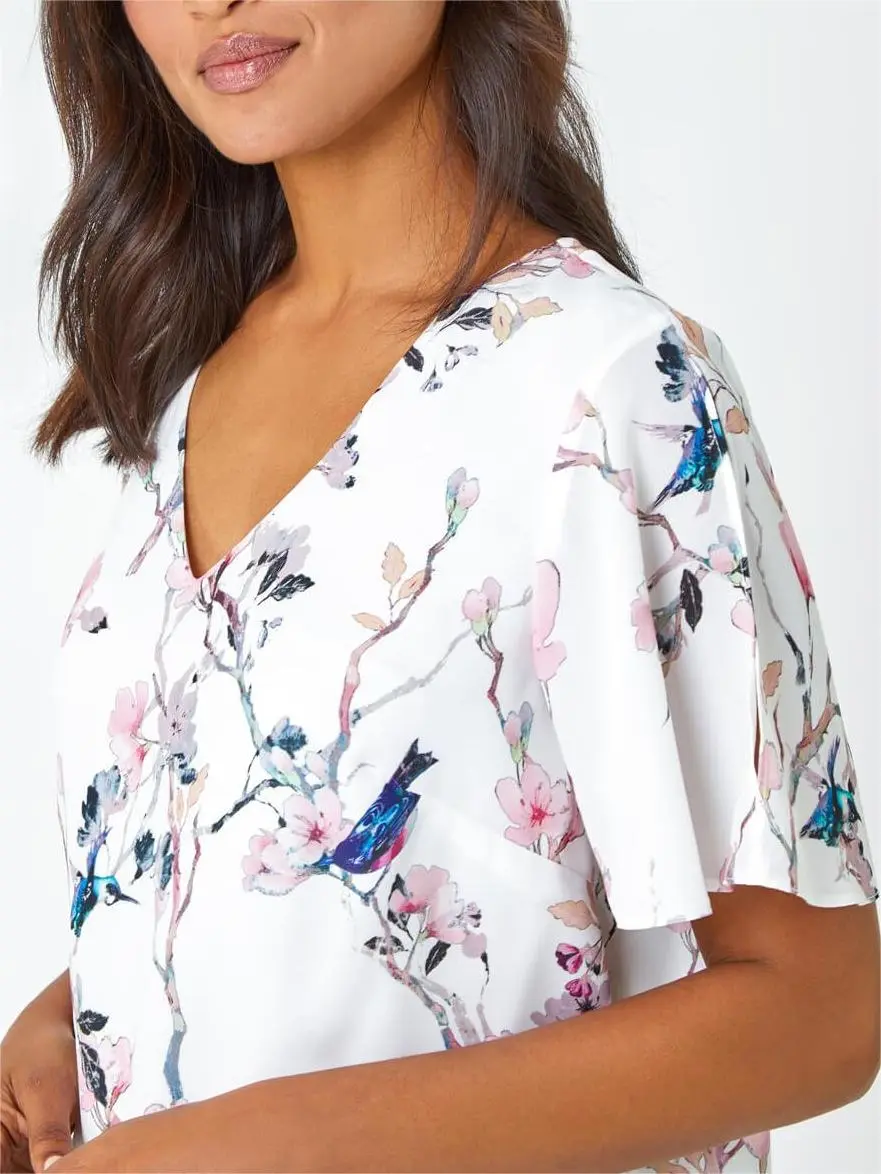 Ivory Floral Angel Sleeve V-Neck Top