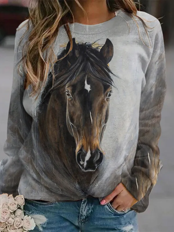 Western Horse Print Crew Neck Long Sleeve Casual Sweatshirt