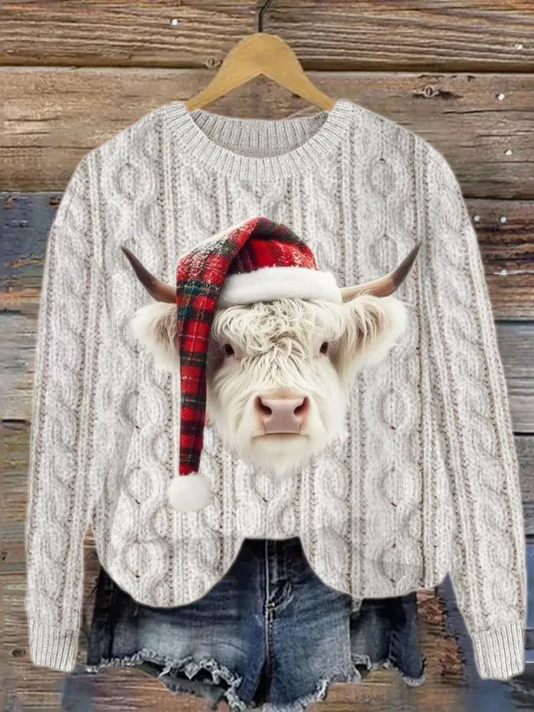 Highland Cow with Plaid Christmas Hat Cable Knit Sweater