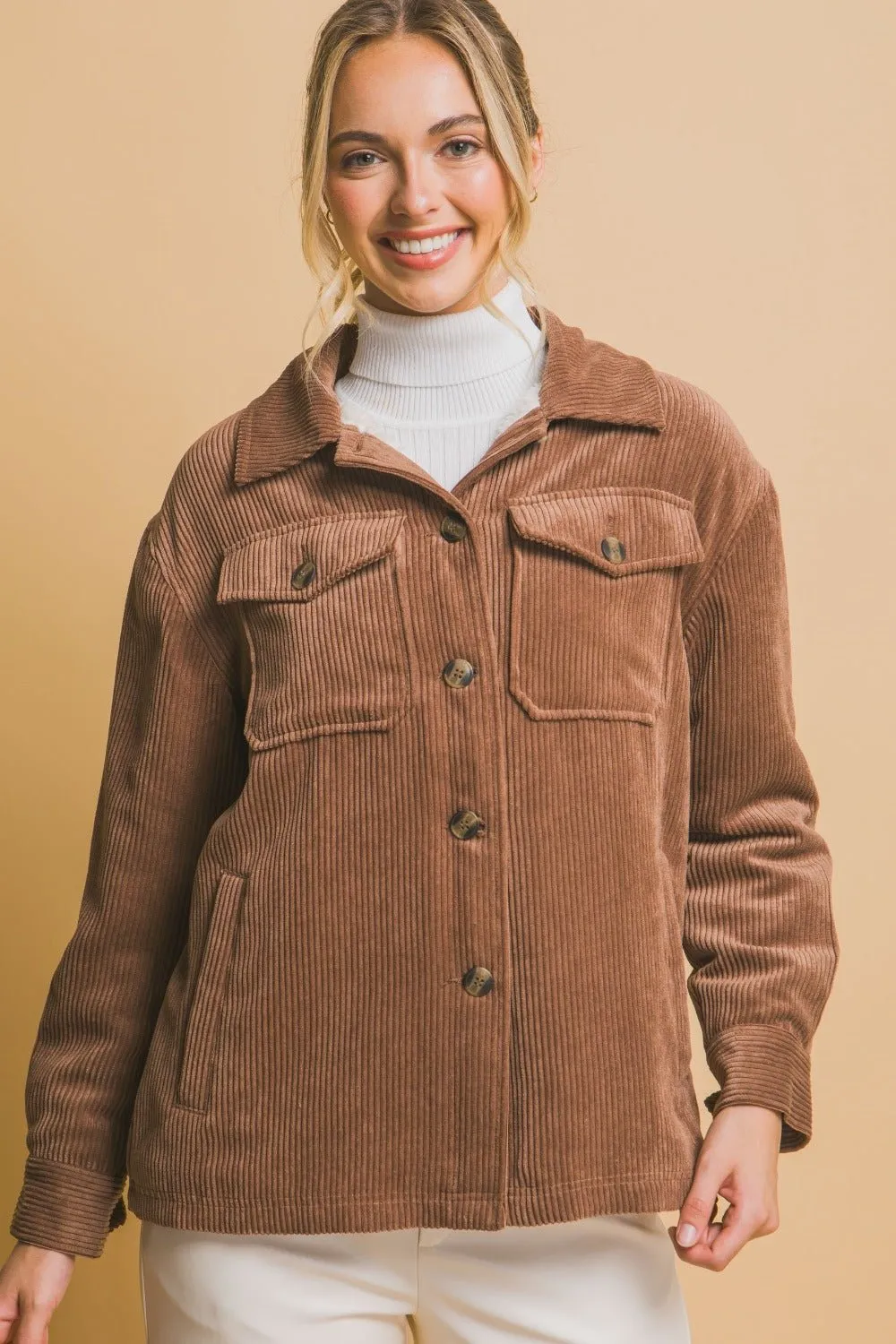 Corduroy Button Up Sherpa Jacket - Brown