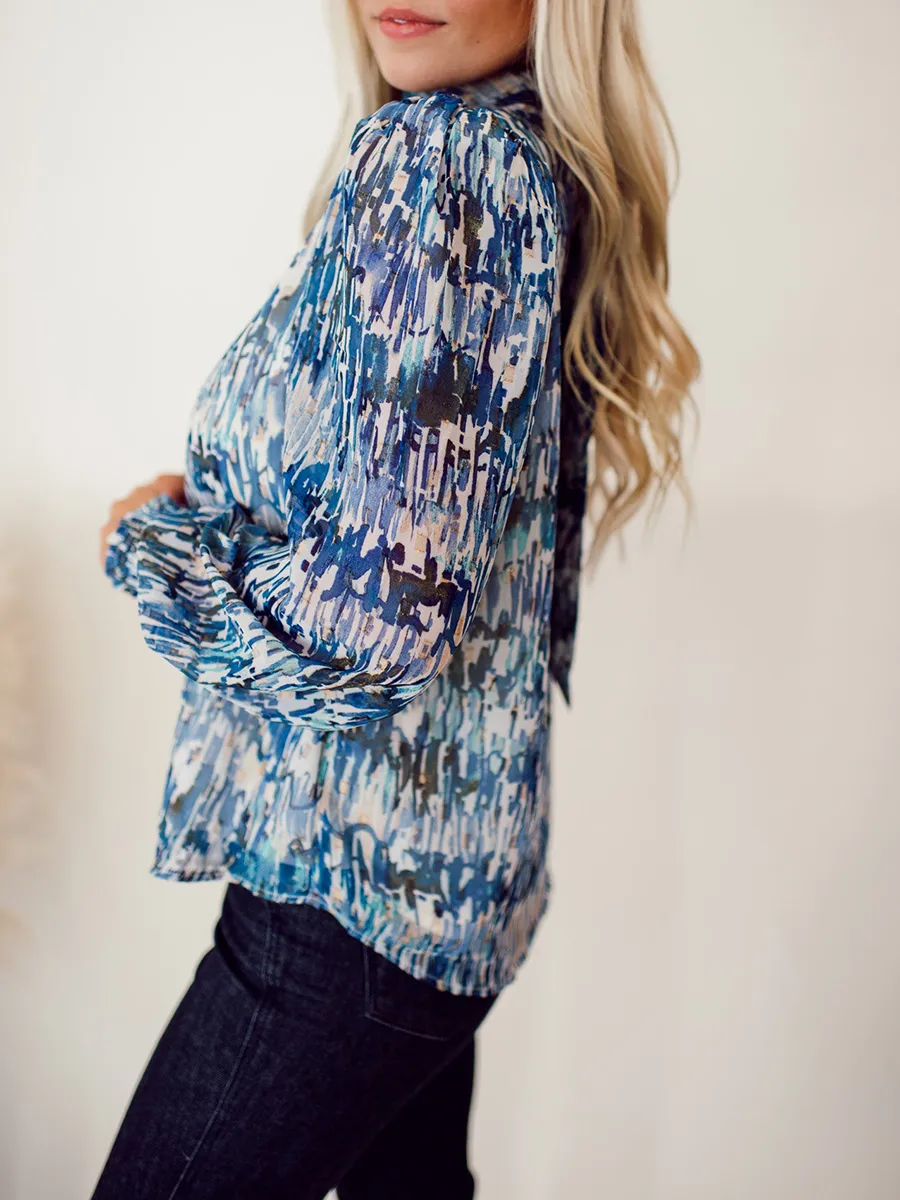 High neck blue abstract pattern shirt