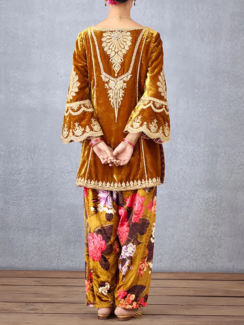 Yellow heavily hand-embroidered velvet suit