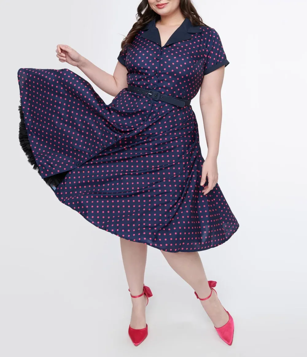 Unique Vintage Plus Size Navy & Hot Pink Dot Alexis Swing Dress