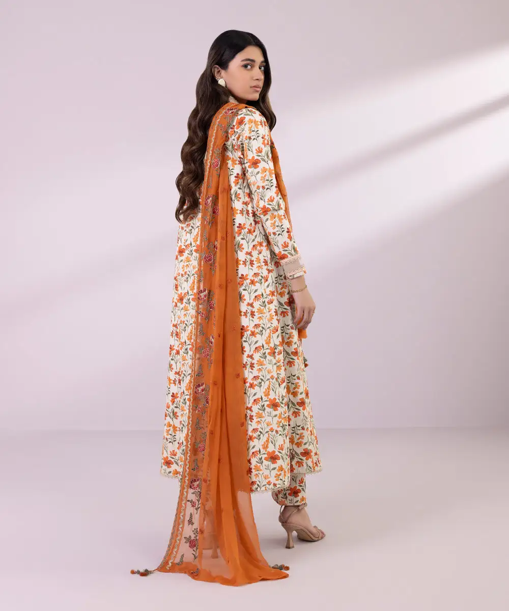 3 Piece - Embroidered Cotton Satin Suit