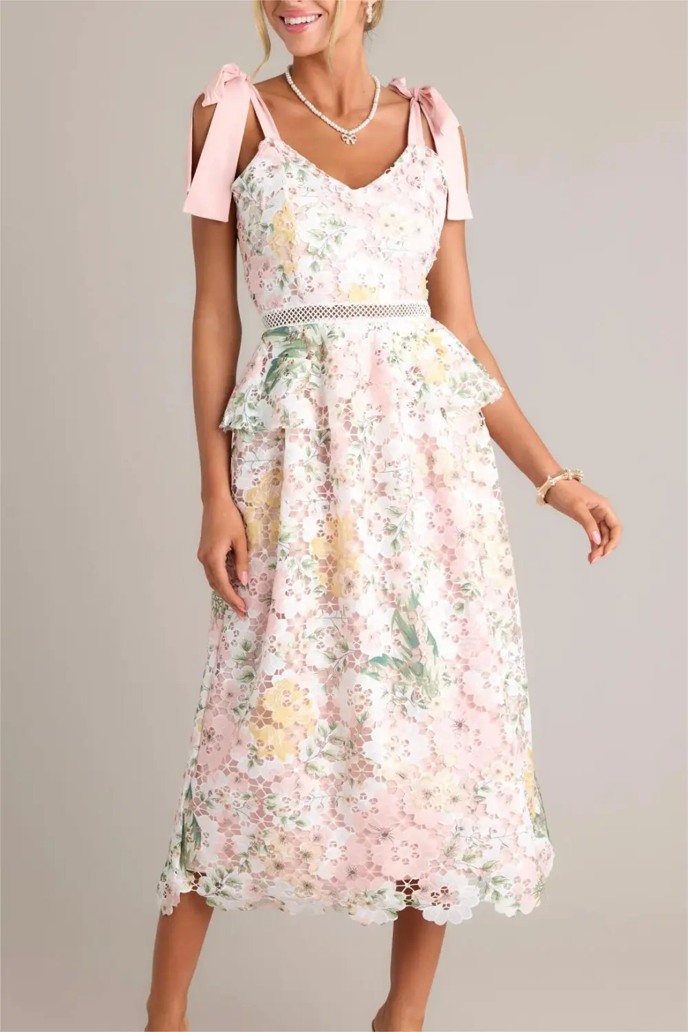 PINK FLORAL SMOCKED MIDI DRESS