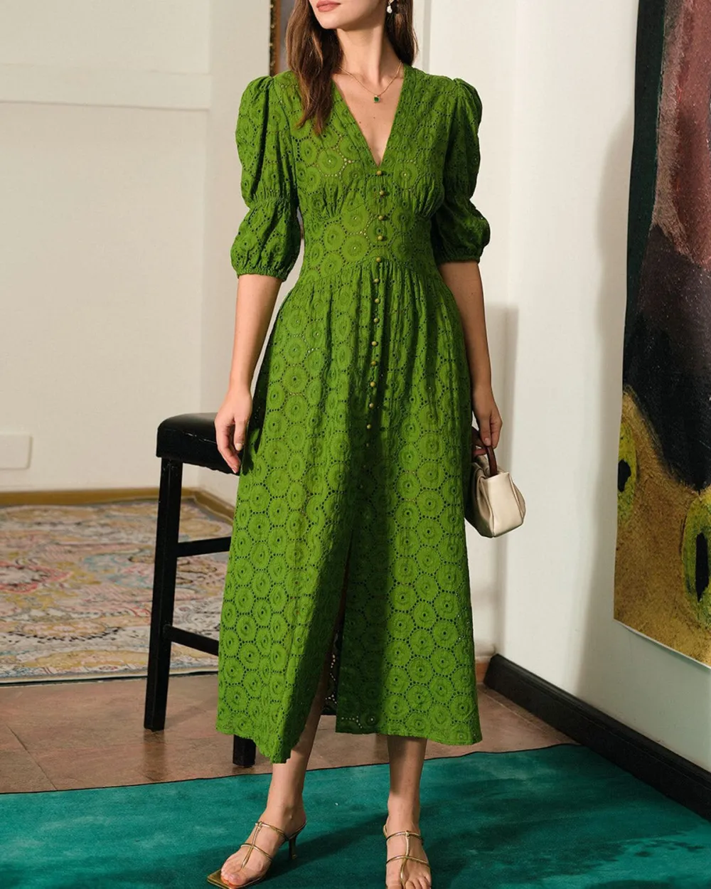 Fruit green retro print dress