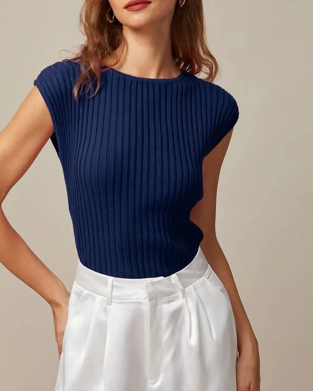 The Blue Boat Neck Ribbed Cap Sleeve Knit Tee