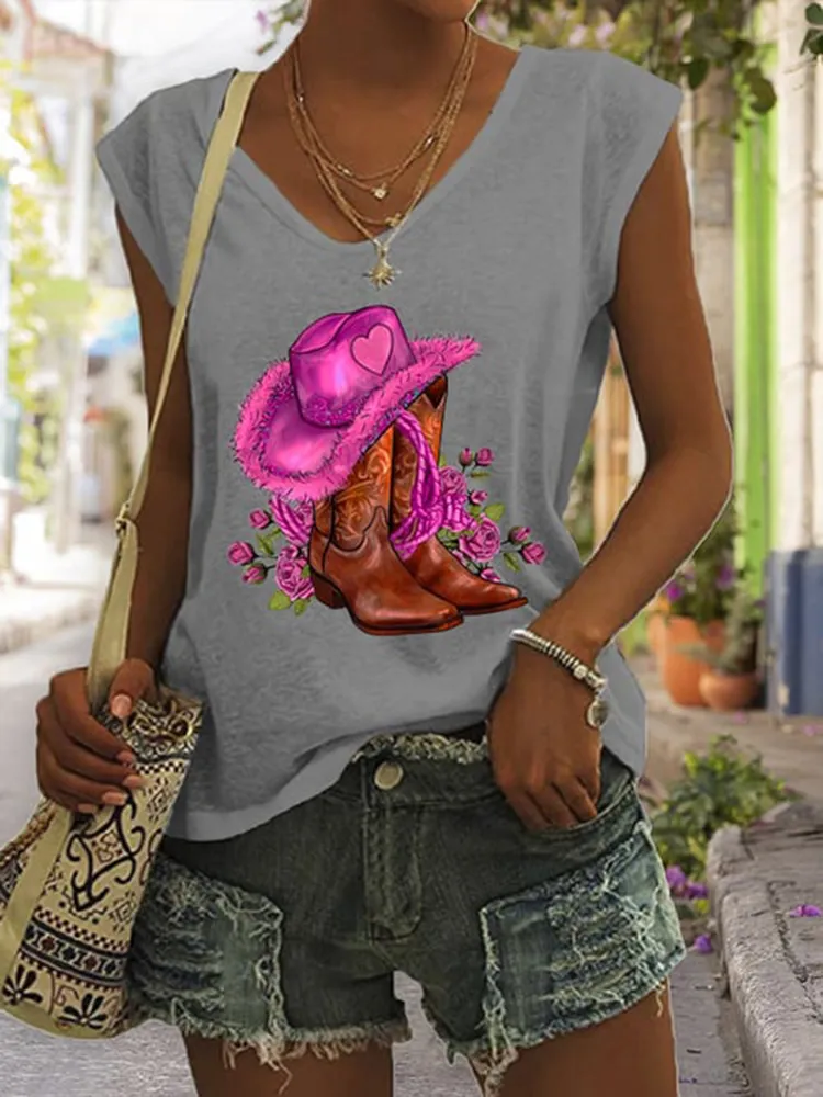 Western Print V-Neck Casual Tank Top