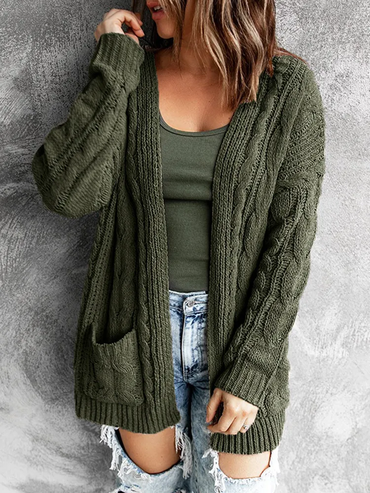 Pocket Mid Length Twist Knit Cardigan