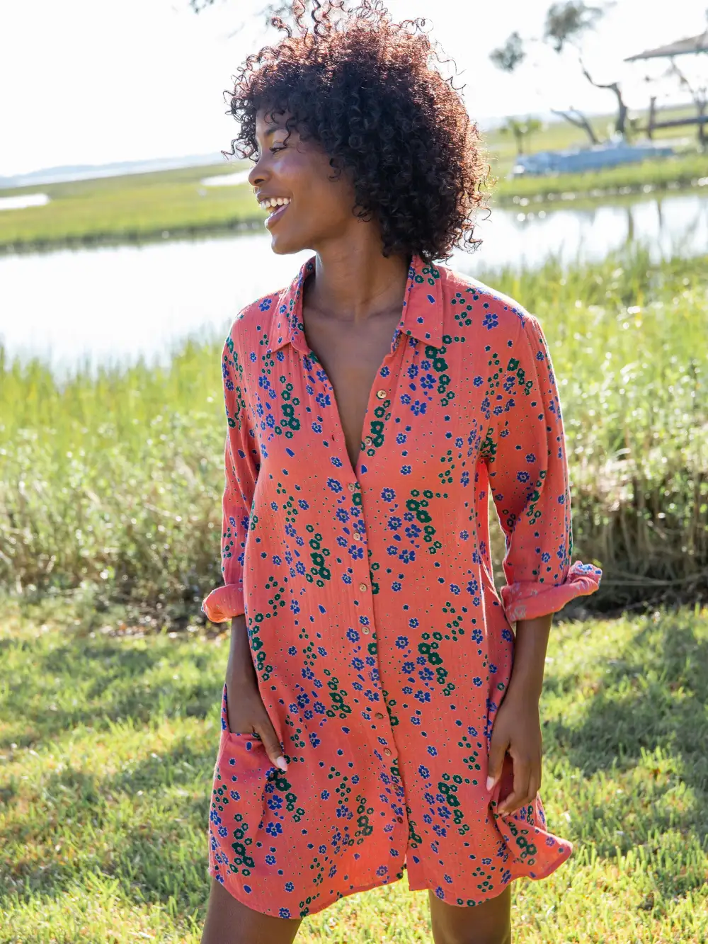 Georgia Gauze Shirt Dress - Red Green Floral